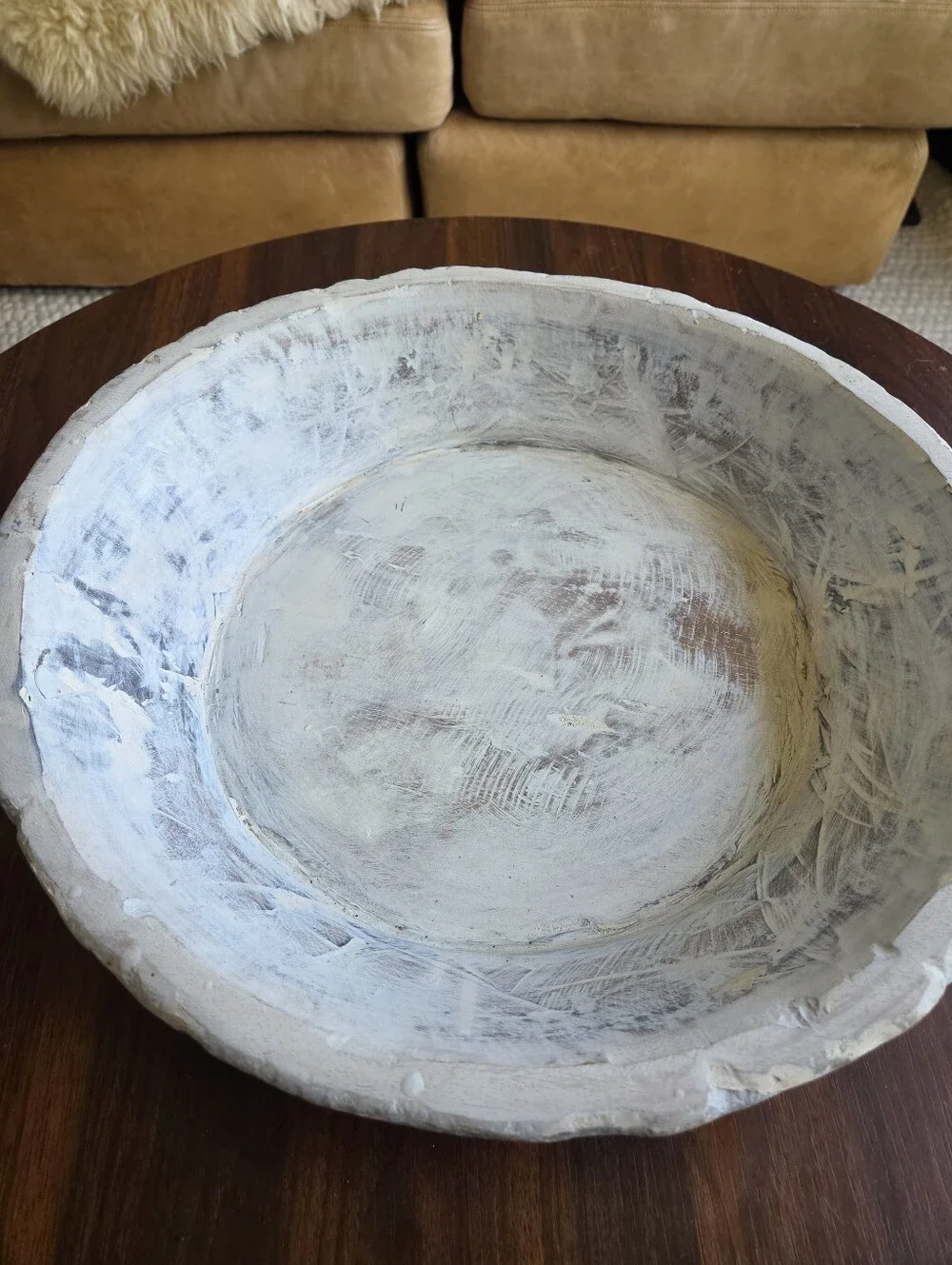 J.C. & Rollie Large Round Wooden Dough Bowl White Distressed Rustic Farmhouse Pr